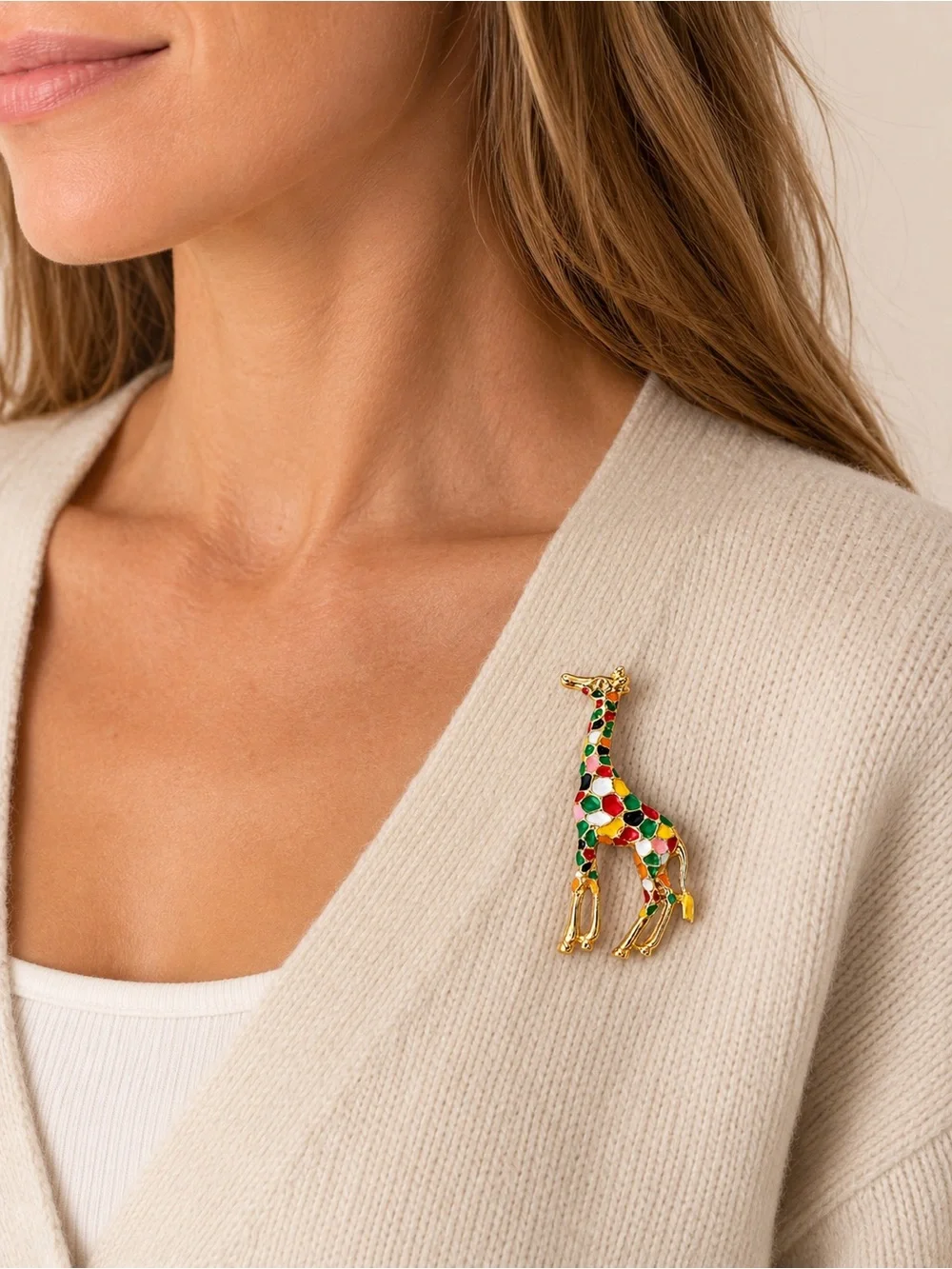 Colorful Enamel Giraffe Brooch – Gold Tone Statement Pin – Whimsical